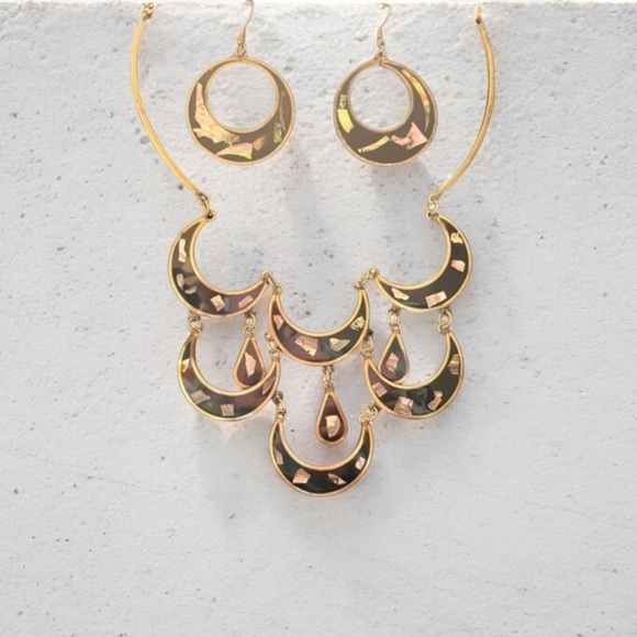 MEXICO ALPACA SILVER Black INLAY ABALONE SCALLOPED NECKLACE earrings VINTAGE